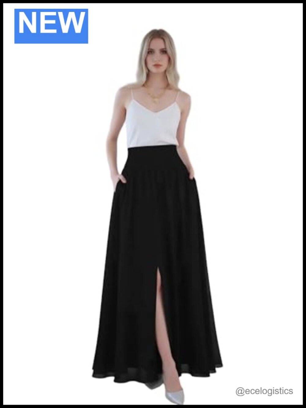 A-Line Chiffon Maxi Skirt with Slit Pockets Elastic Waist Work Wedding